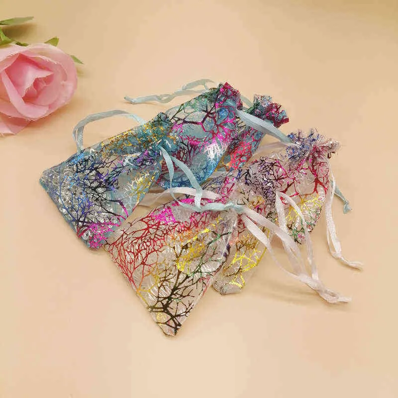 coloré corail rayé organza sac cordon pochette cadeau sac pour tissu noël mariage bijoux stockage emballage sacs H1231