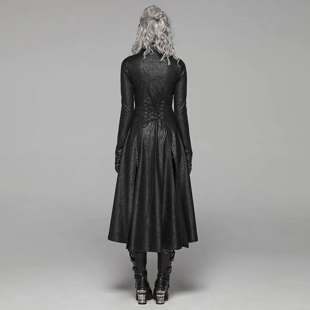 PUNK RAVE Women Dark Punk Long Coat Retro Front Zipper Stand Collar Overcoat Punk Rock Stage Perform Women Long Trench Coat LJ200903