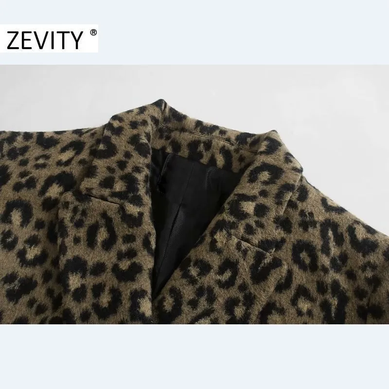 Zevity Winter Women Vintage Leopard Print Wool Coat Lady Long Sleeve Double Breasted Casual Blends Jacket Chic Topps CT609 201102