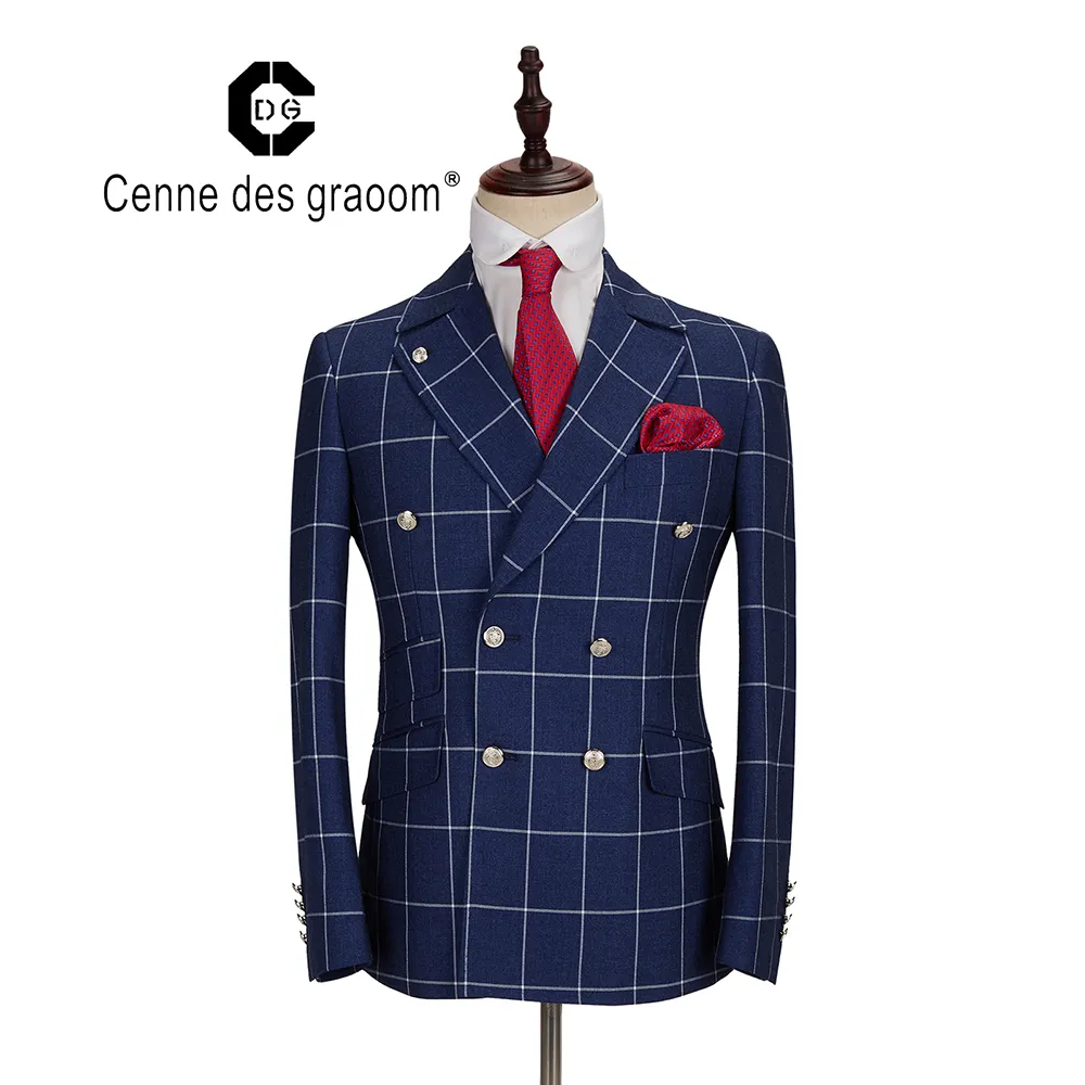 Cenne Des Graoom Nouveaux Hommes Costume Plaid Double Boutonnage Deux Pièces Six Boutons Slim Fit Haute Qualité Costume De Fête De Mariage DG-MT 201106