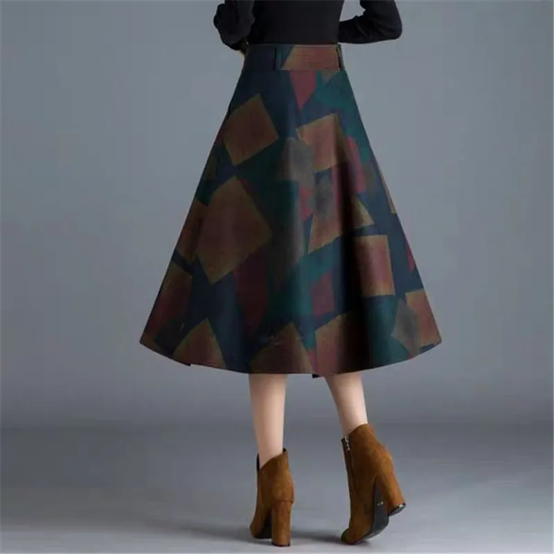 Винтаж плюс размер шерстяные метки MIDI для женщин элегантная осень зима клетчатая юбка офис дамы мода Saias шерстяные отпечатки yests lj201029