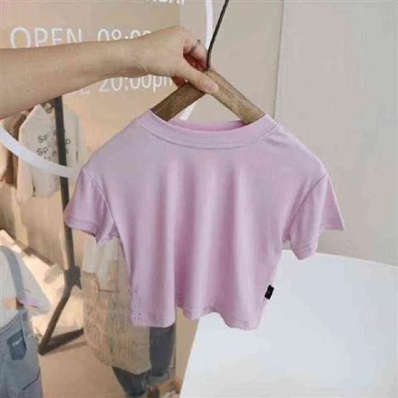 패션 여름 아기 소녀 코튼 티셔츠 짧은 유아 유아 소녀 자르기 탑 tshirt 짧은 소매 라운드 목 티 위로 솔리드 0-7Y G1224