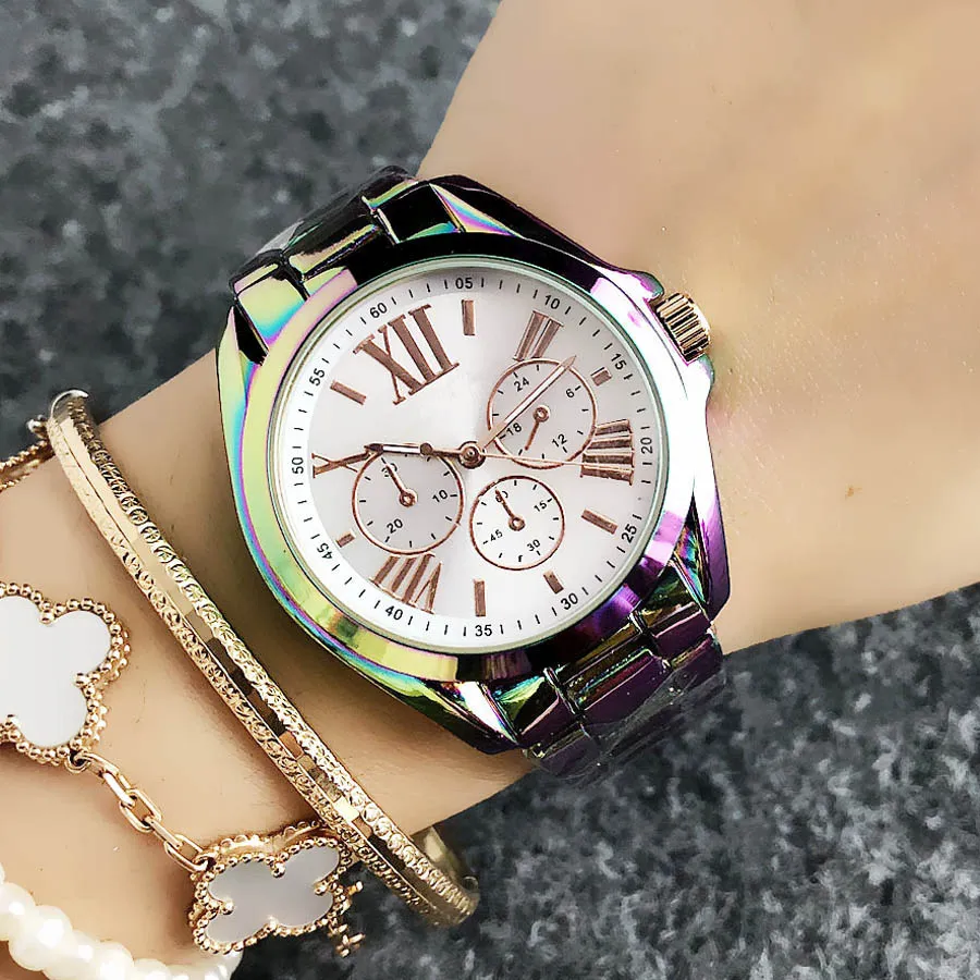 Mode M Design Brand Watches Women Girl 3 Dials Colorful Style Metal Steel Band Quartz Wrist Watch M972785