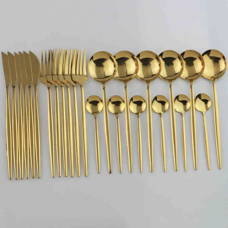 24 Stücke Reines Gold Schwarz Geschirr Set Hochzeit Besteck 18/10 Edelstahl Abendessen Messer Gabel Kugeln Silberbesteck Großhandel 211229