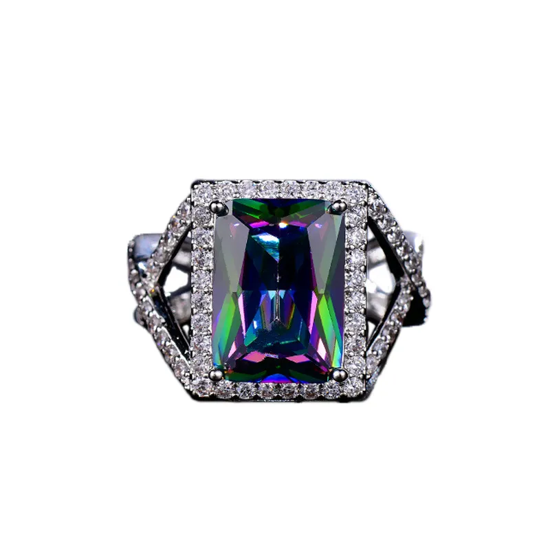 Colorful Diamond Rings Size 6-9 Luxury Jewelry Designer Blue Green Yellow AAA Cubic Zirconia Copper Gold Silver Square CZ Ring Eng2431