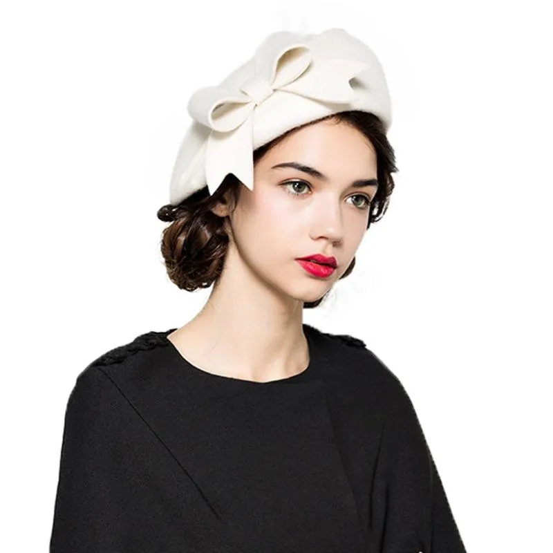 Fs elegante 100% lã feltro fedora branco preto senhoras chapéus vermelhos casamento fascinators feminino bowknot boinas bonés pillbox chapéu chapeau1222t