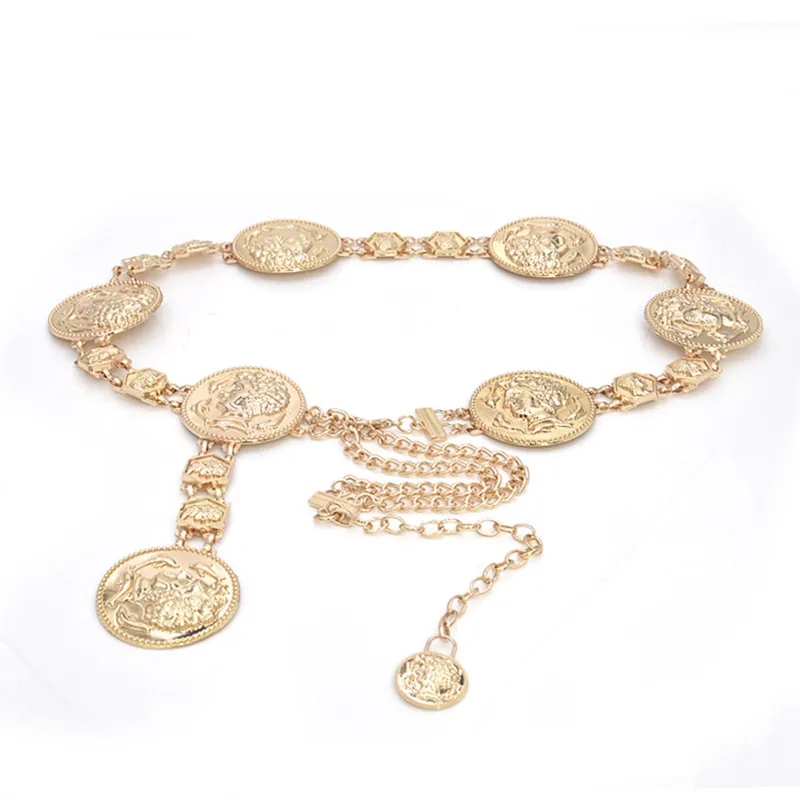 Gold Chain Pas Designer Pasek dla kobiet Wysokiej Jakości Waist Ketting Riem Silver Metal Big Coin Cinturon Mujer CummerBunds 220301