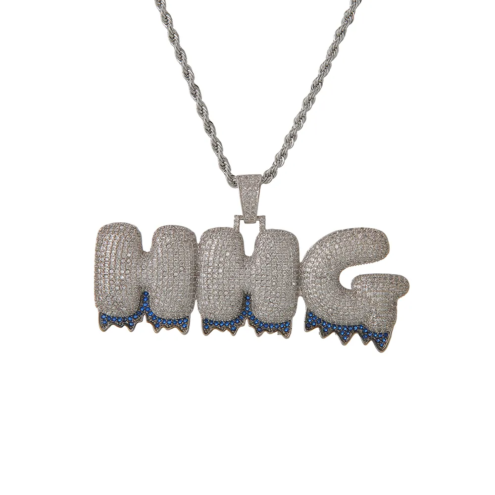 Aangepaste Naam Blauwe Onderkant Letters Hangers Kettingen Zirkoon Hip Hop Sieraden Met Goud Zilver 24 Inch Touw Chain347Q