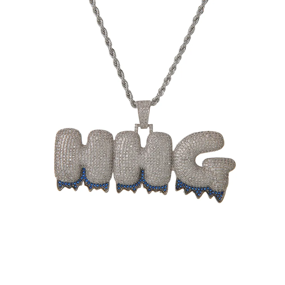 Nome personalizzato Lettere inferiori blu Pendenti Collane Gioielli hip-hop in zirconi con catena in corda da 24 pollici in argento dorato226C