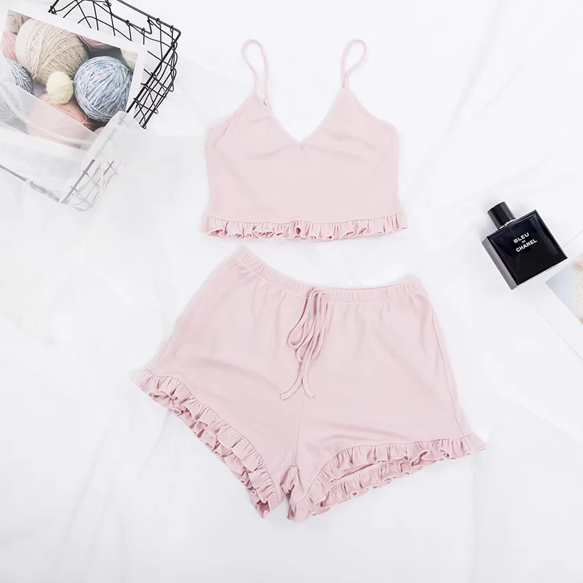 Suphis Frill Ribbed Sexy Nightwear V Neck Knit Pyjamas Femme D'été Camis Crop Tops Shorts Élastiques Femmes Solide Casual Home Costumes Y200708