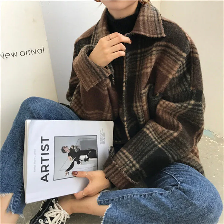 Coat Female 2020 Women s Winter Plaid Wool Blends Vintage Coat Jacket Check Batwing Sleeve Korean Woman Coats Outerwear Ladies LJ201106