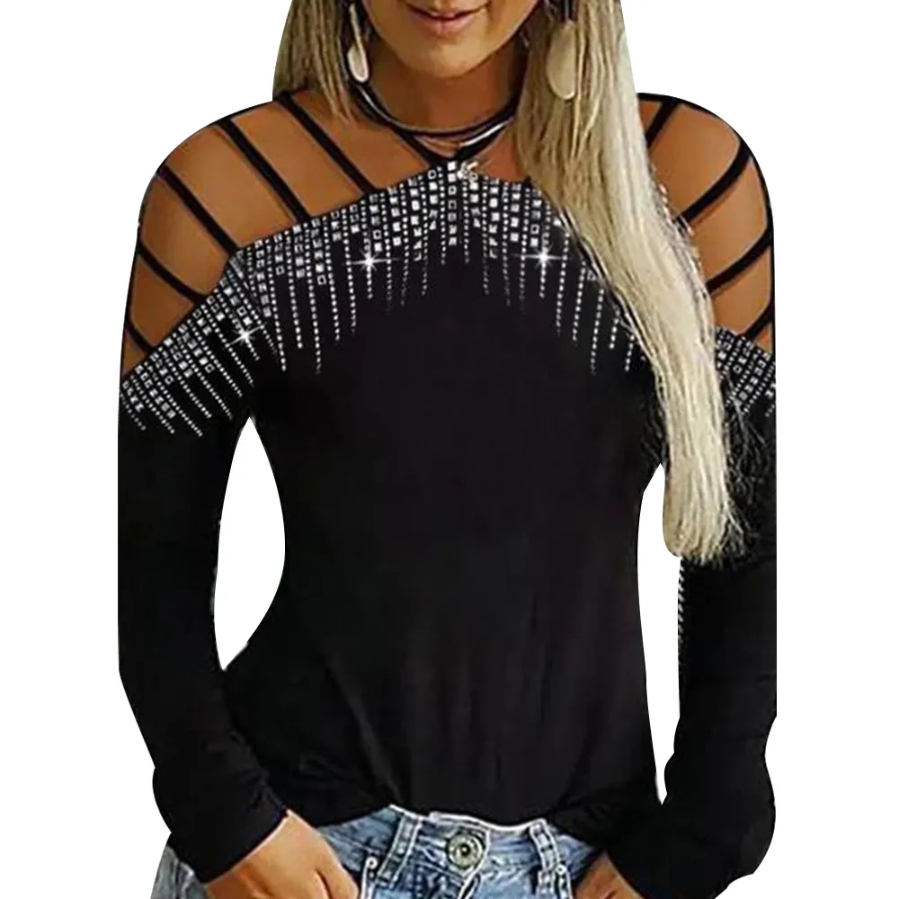 Dames Hollow Shiny Lange Mouwen T-shirt Losse Top Dames Casual Shirt Grote Maat Off Shoulder Pullovers Dames Clothings D30 201125