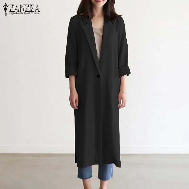 Moda Jaquetas finas Zanzea Mulheres Mulheres Laple Decote Manga Longa Cardigan Casual Outwear Sólido Elegante Elegante Casaco de Linho T200828