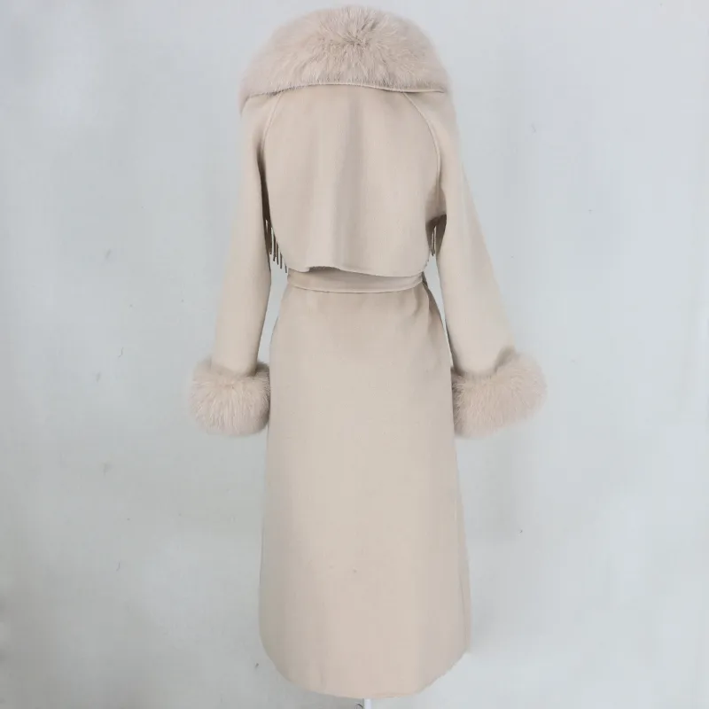 OFTBUY X-long Nappa Cashmere Lana Misto Vera Pelliccia Cappotto Cintura Giacca Invernale Donna Pelliccia di Volpe Naturale Collo Polsini Streetwear 201103