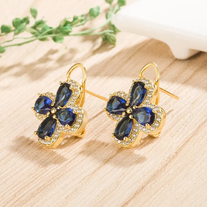 Stud Vintage Royal Clover Mavi Kristal Safir Taşlar Elmas Küpeler Kadınlar İçin Altın Renk Takıları Bijoux Party Accessorie1245n