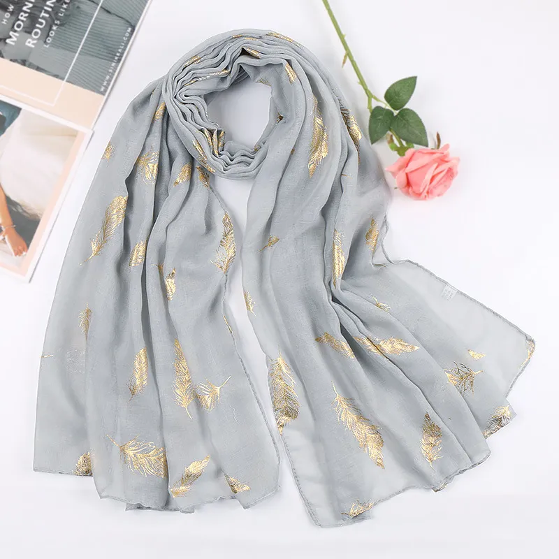 Women New Fashion Bronzing Gold Feather Viscose Shawl Scarf Lady Long Soft Pashmina Stole Muslim Hijabs Snood 180 75Cm 20272p