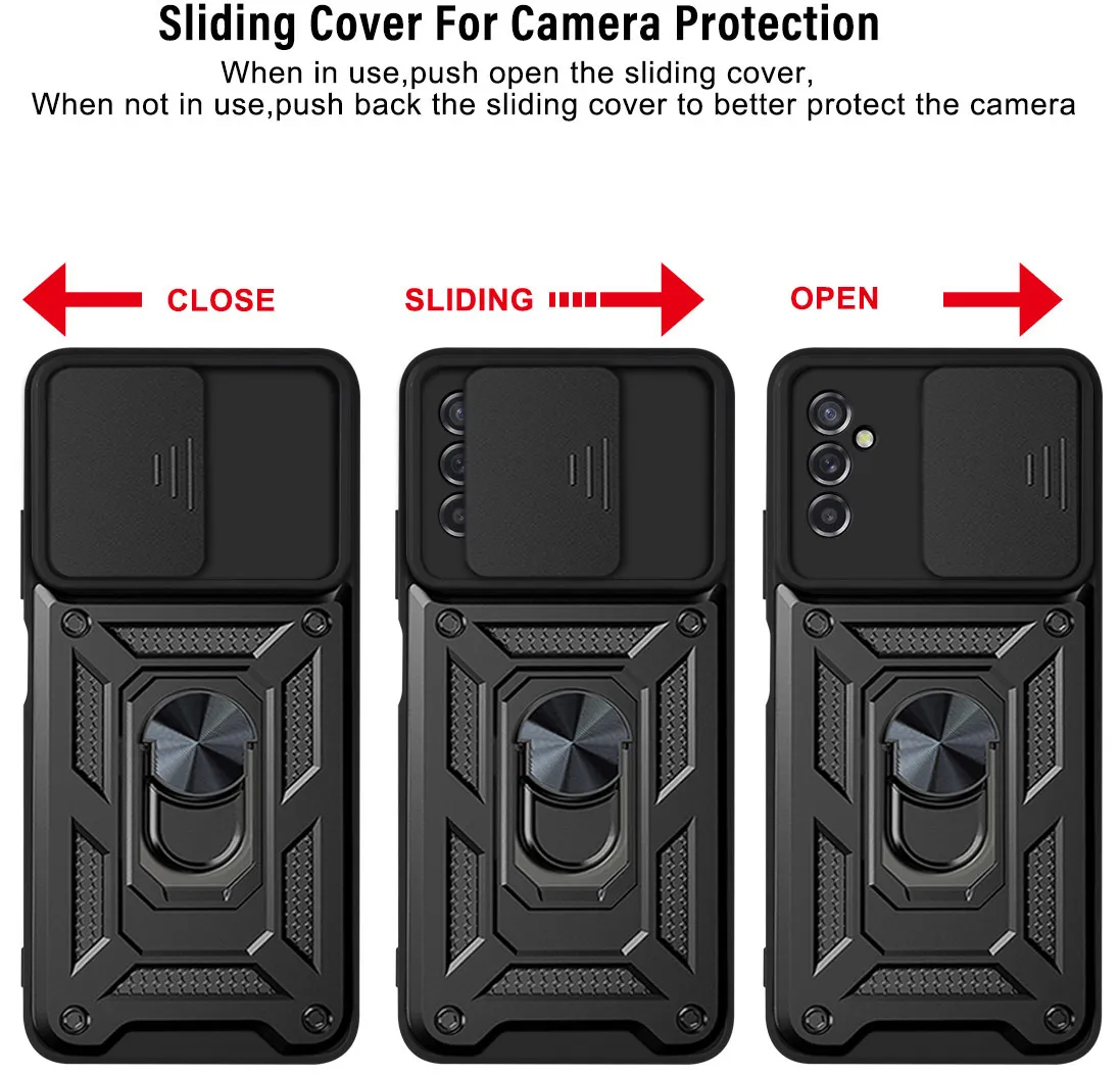 スライドレンズ保護アーマー耐衝撃ケースサムスンギャラクシーM52 M62 A13 A03S A12 A22 A32 4G 5Gマグネットメタルリングスタンドカバー