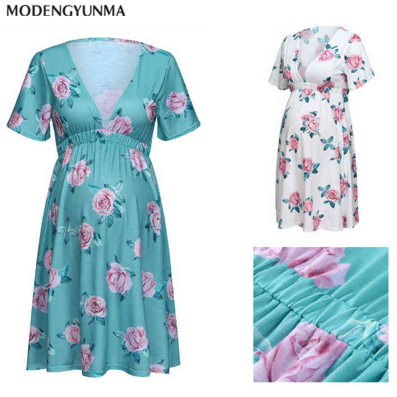 Maternity Dresses Photography Props Woman Mini Dress Floral Hohemian Clothes for Pregnant Women Pregnancy V Neck Loose Dress G220309