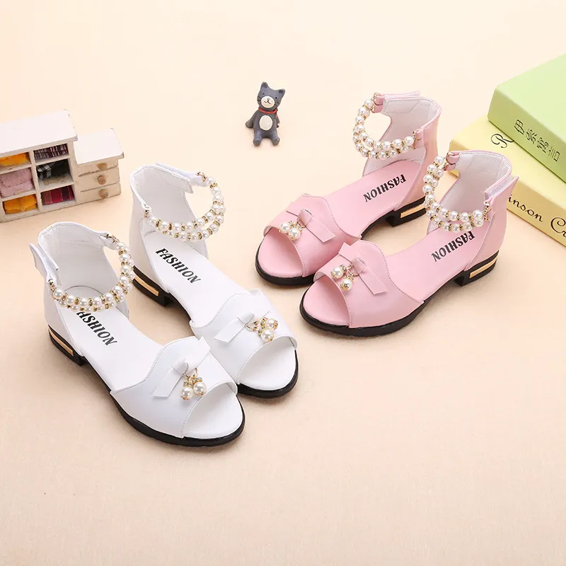 Fashion Bead Bow Bow Sandal Sandal Sandals Letnie na wysokich obcasach dla dzieci Buty plażowe 4 5 6 7 8 9 10 11 12 -letnia różowa biała 6440941