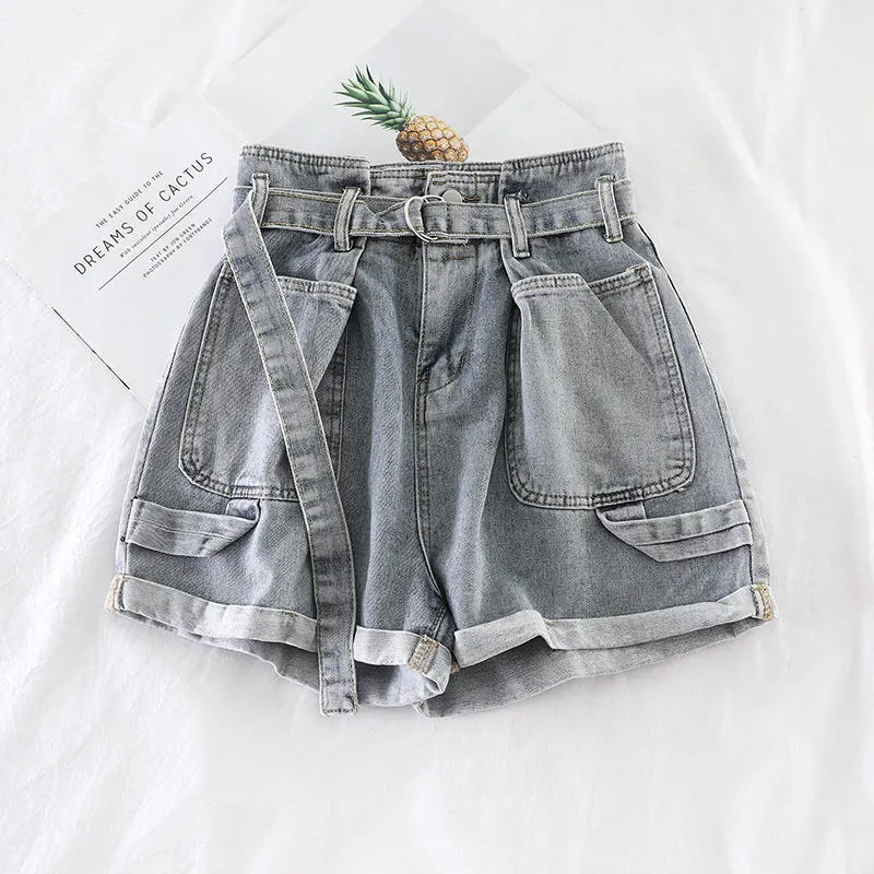 Rétro Denim Shorts Femmes Printemps Été Large Jambe Shorts Avec Ceinture Casual Hotpants Rose Blanc Jeans Taille Haute Femmes Shorts C6129 LJ200818