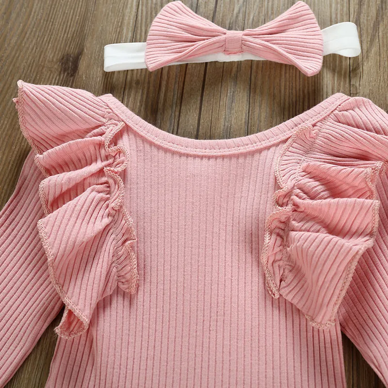 Autunno neonato vestiti della neonata regolati rosa Ruffles lavorato a maglia manica lunga pagliaccetto pantaloni floreali fascia abbigliamento infantile abiti LJ201223