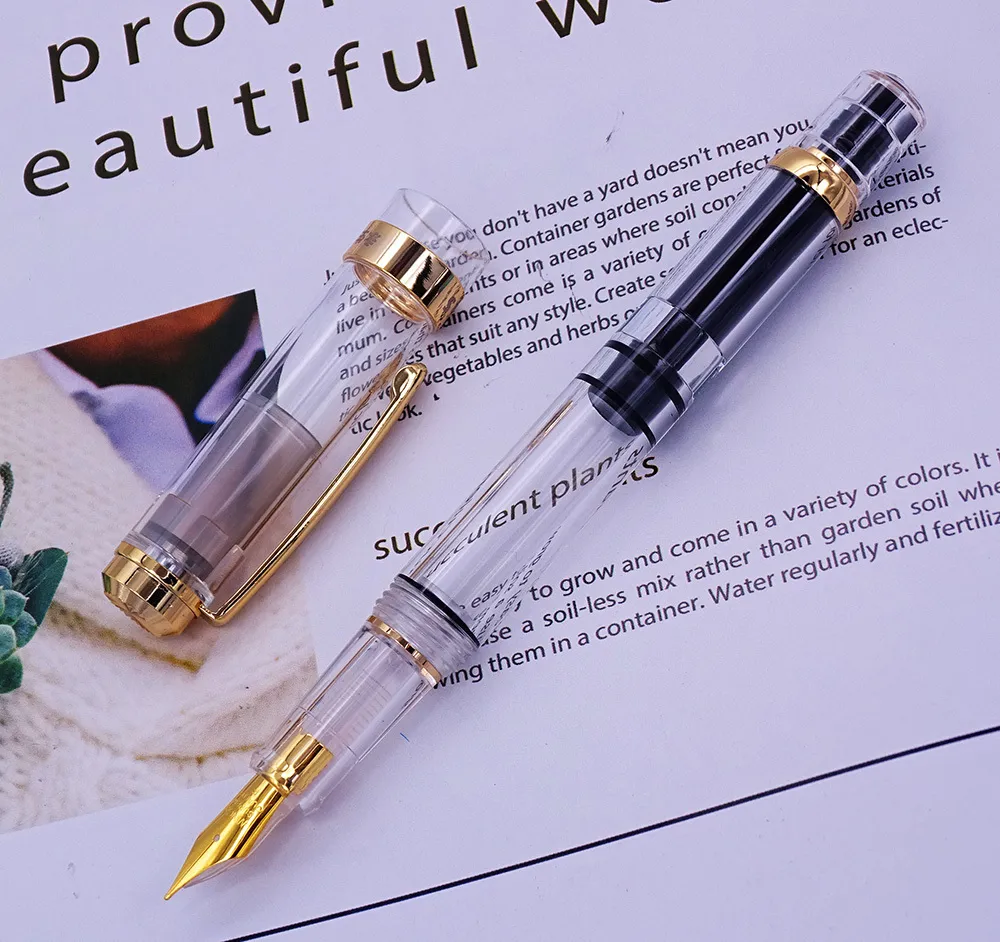 Nieuwe Wingsung 698 Fountain Pen Transparante zuigervleugel Sung Ink Pen Iridium 0,38/0,5 mm Gouden zilveren clip met cadeaubakje Office Pen T200115