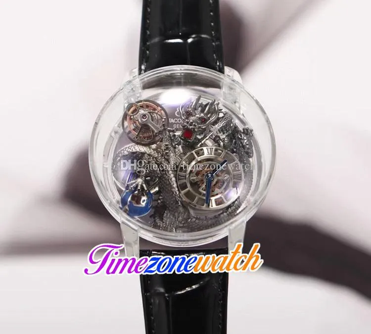 Astronomia Tourbillon Rose Gold Dragon Schweizer Quarz Herrenuhr Pave Piece Einzigartiges, vollständig transparentes Glas 3D-Gravur Blaues Leder268R