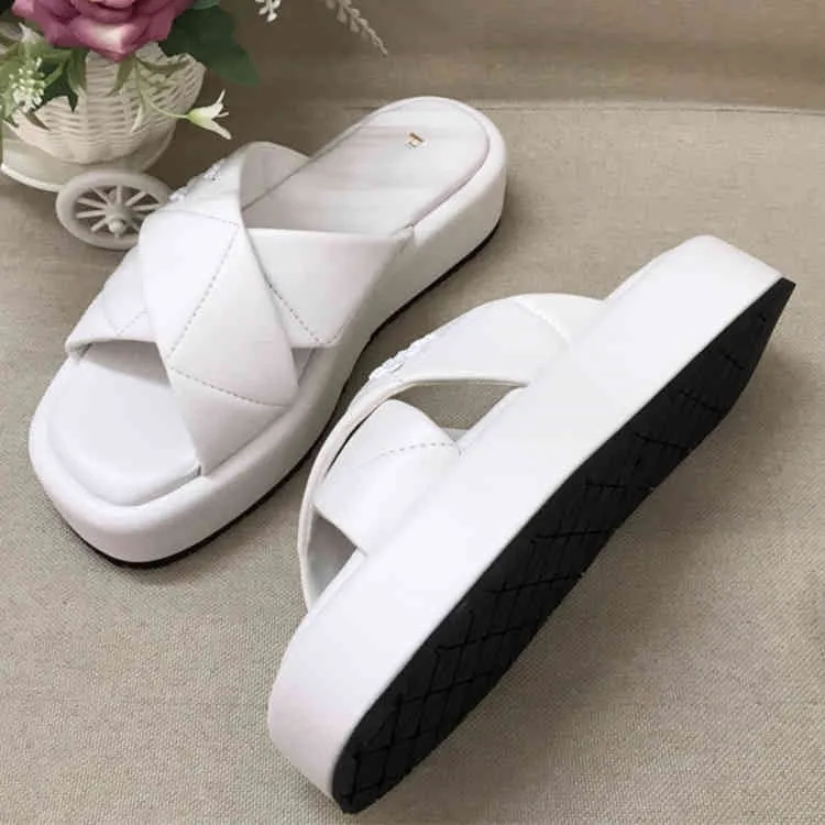 slippers female cross belt triangular standard thick bottom muffin raised leather one-way Sandal