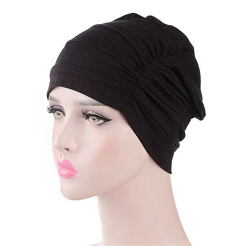 Beanie Skull Caps Mujeres Turbante Sombrero India Musulmán Volantes Quimio Señoras Beanie Bufanda Envoltura De Cabeza Elástico Gorra Elástica Color Sólido 1256W