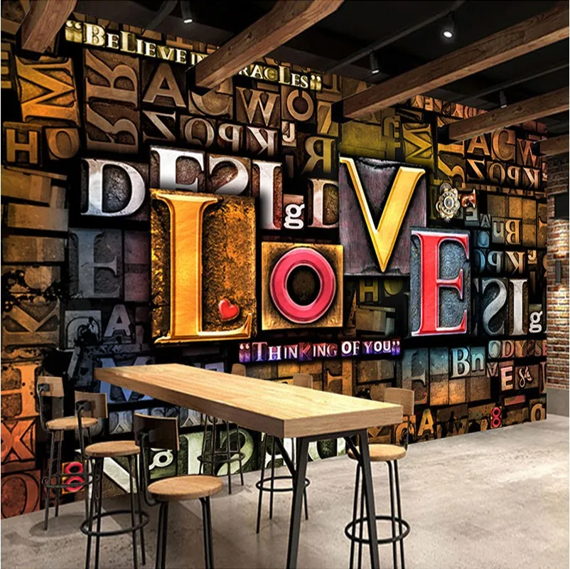 Papier peint Po personnalisé 3D stéréoscopique en relief, lettres anglaises créatives à la mode, amour Restaurant café fond Mural Decor241q