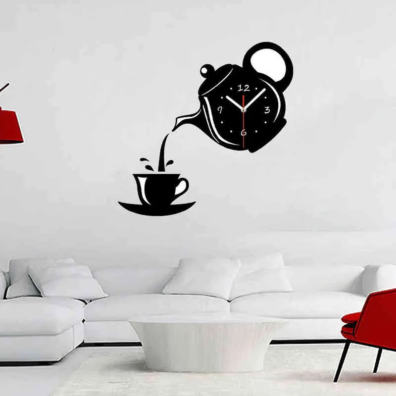 Bricolage 3D horloge murale acrylique tasse à café théière décorative cuisine horloge murale salon salle à manger décoration de la maison horloge H1230