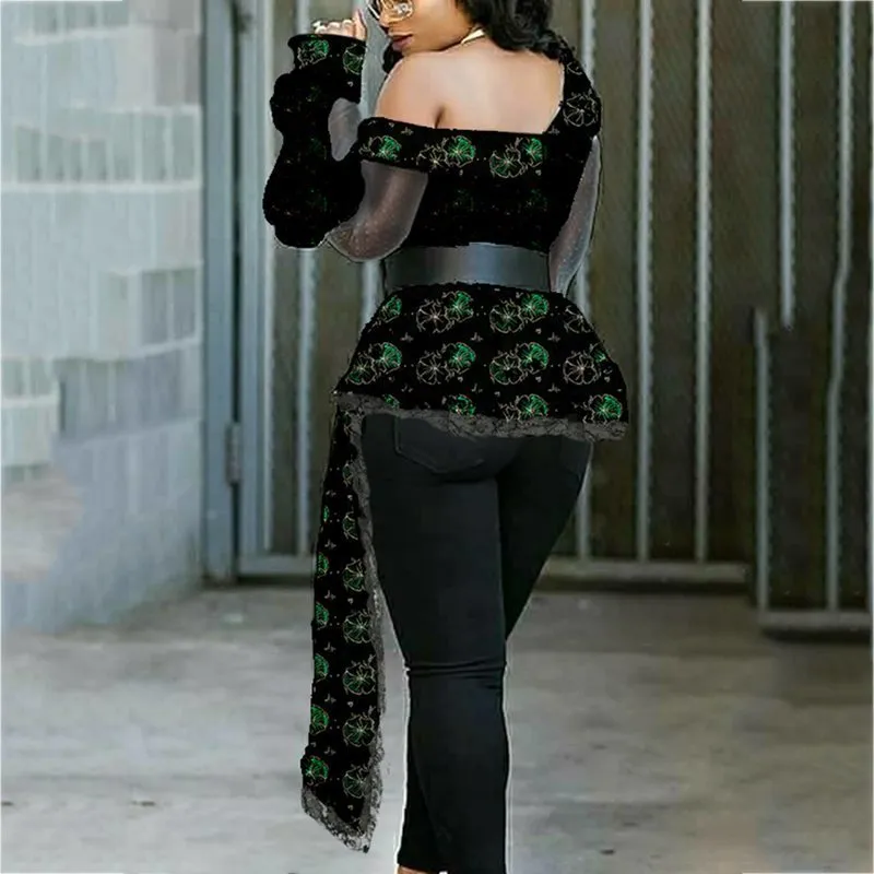 Camicetta con stampa floreale a maniche irregolari Top da donna 2019 Camicetta autunno stile africano blu verde femminile sexy con una spalla Camicie Top T200321