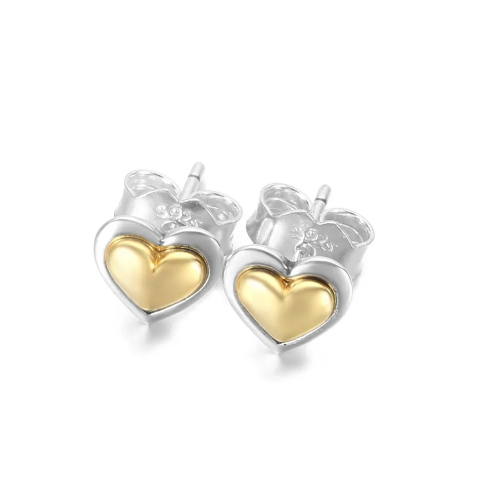 925 Sterling Silver Domed Golden Heart Stud Earringsfor Pandora For Women Birthday Mother's Day Gift Luxury Love Jewelry