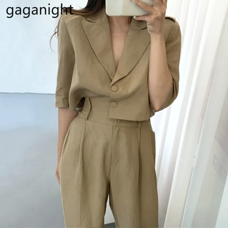 Gaganight Mulheres Retro Terno Botão de Lapela Curto Blazer Casaco Empire Loose Reta Long Calças Escritório Lady Chic Workwear T200702