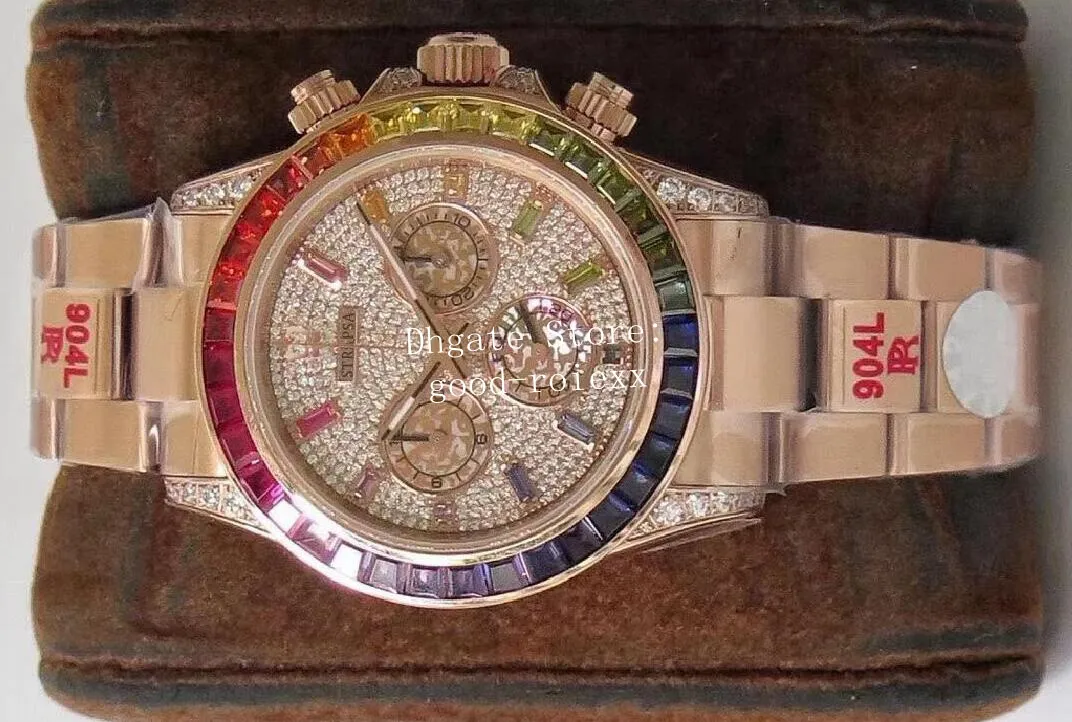 Chrono Eta 7750 Horloges Automatisch chronograaf herenhorloge Heren 904L staal Diamanten wijzerplaat Bezel Kristal Rose goud Regenboog 116598 237J