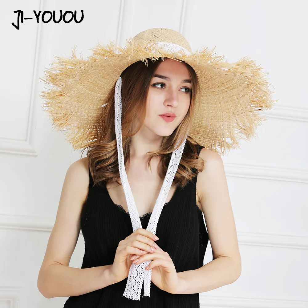 JIYOUOU Sangle en Dentelle Chapeau de Paille Arc Large Herbe Femme Casquette d'été Visière de Plage Vacances en Plein air Plage Chapeau de Protection Solaire Pliable Y20289L