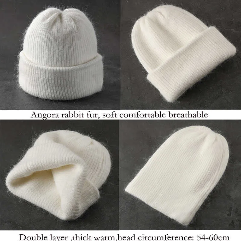 Vinter hatt för kvinnor äkta kanin päls cashmere stickade mössa flicka utomhus tjock varm vitgora mode solida skullies 211228