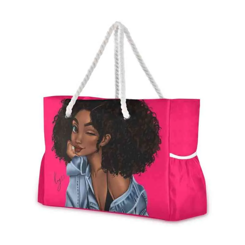買い物袋新しい女性のビーチバッグアフロ女の子黒人女性のハンドバッグ再利用可能なトートバッグショルダーバッグ高品質大容量買い物袋220310