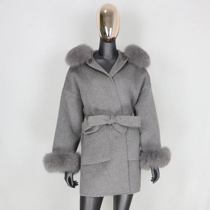 Furbelieve Real Piel Abrigo Chaqueta de invierno Mujer 100% Natural Fox Cuello de piel Puños CashMere Wool Blends Oversize Outerwear NUEVO 200930