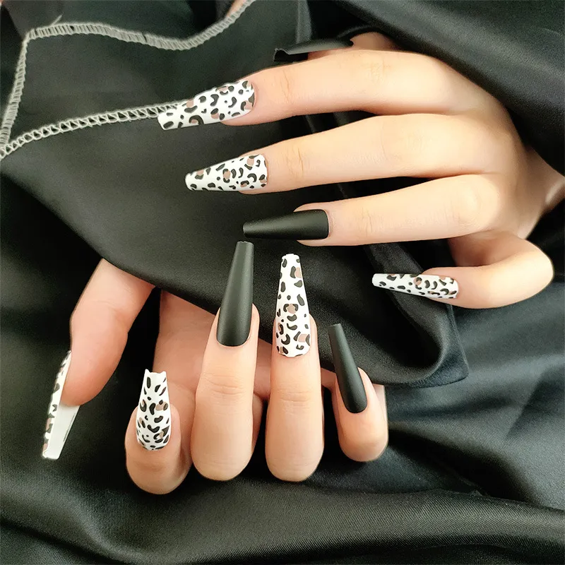 Couverture complète Extra Long Coffin False Nail Elegant Elegant Shiny Fluorescent Leopard Imprimé Faux Nails For Women Girl Manucure Tools9593275