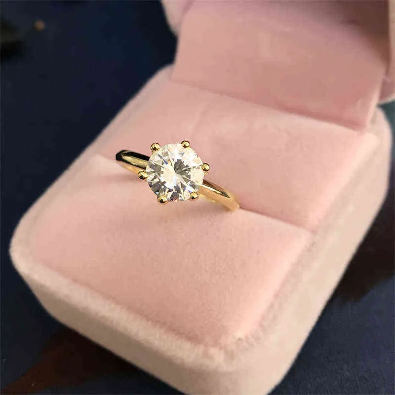 Yanhui 925 Solid Silver 18K Guldfärg Ring Classic 2ct Zirconia Diamond Smycken Engagement Bröllop Mode s för kvinnor 211217