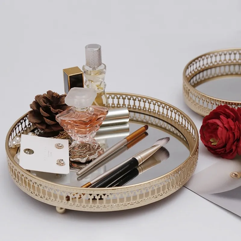 Золотая железо ювелирные изделия для хранения лоток стеклянного зеркала макияжа настольный макияж на рабочем столе.