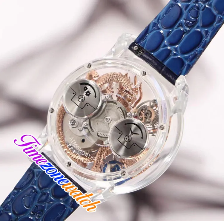 Astronomia Tourbillon Rose Gold Dragon Swiss Quartz Mens Watch Pave Piece unikt helt transparent glas 3D Gravering Blue Leather3197