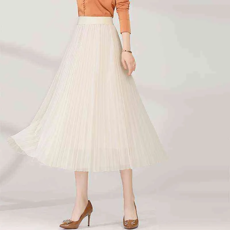 Весенняя бежевая длинная сетка юбка офис Леди Англия Preppy стиль высокая улица эластичная талия базовый абрикосовый аккордеон юбки G220309
