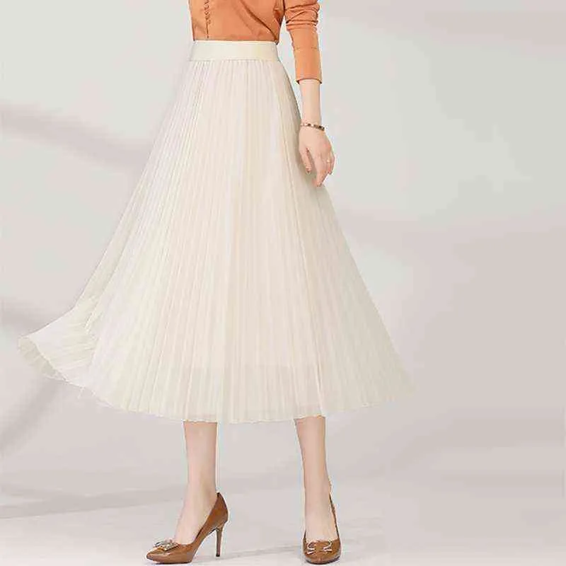 Spring Beige Long Mesh Skirt Office Lady England Preppy Style High Street Elastic Waist Basic Apricot Accordion Skirts G220309