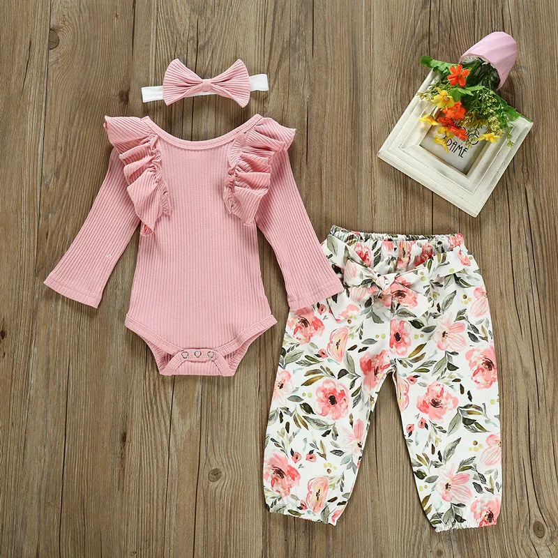 Automne nouveau-né bébé fille vêtements ensemble rose volants tricoté à manches longues barboteuse pantalon floral bandeau vêtements pour bébés tenues LJ201223
