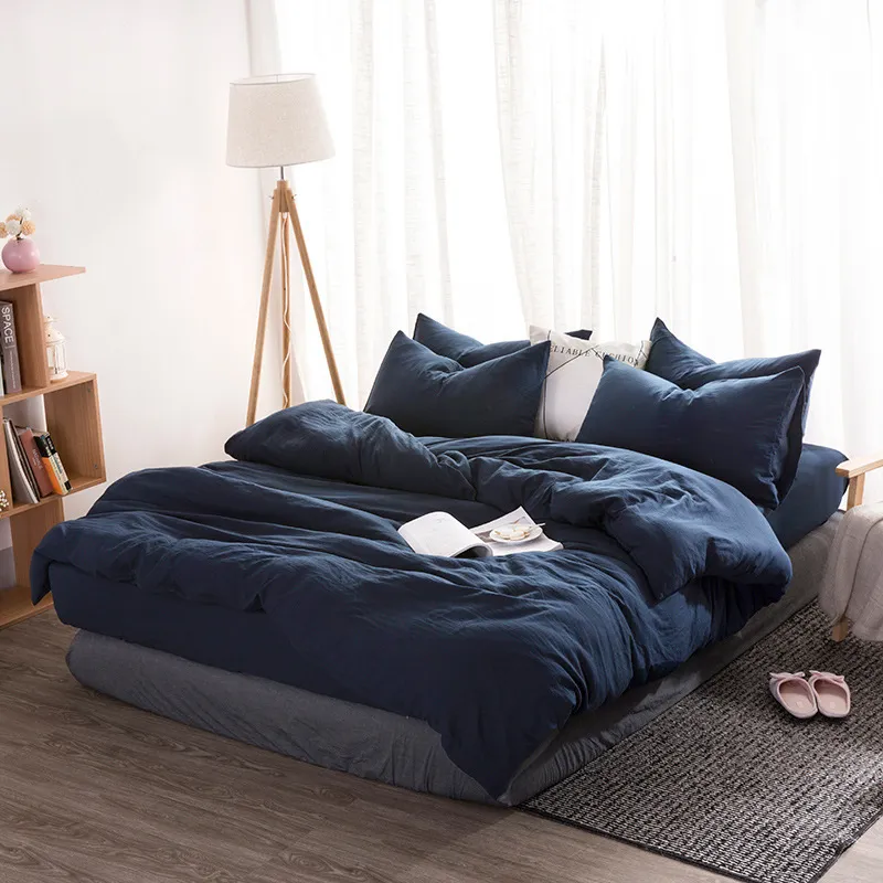 Nórdico simples conjunto de cama sólida conjunto adulto folha capa linho lavado macio poliéster de algodão gêmeo rei verde azul bedclothes 201210