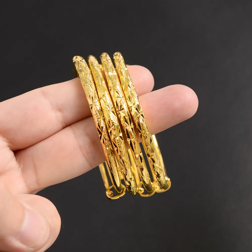 Браслет из тонкого золота в Дубае, желтый однотонный браслет GF, ювелирное изделие в Африке, обруч, подарок, 1 шт. или 4 шт., Эластичность, открытый механизм «толкай и тяни» Whole194A