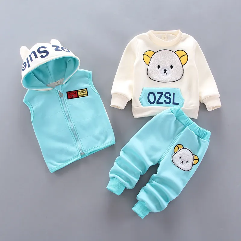Clothing Sets Autumn Winter Baby Boys Clothes Thick Fleece Cartoon Bear Jacket Vest Pants Cotton Sport Suit For Girls Warm Outfits 221007