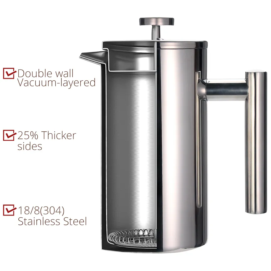 Best French Press Coffee Maker - Double Wall 304 Stainless Steel - Keeps Brewed Coffee or Tea Hot-3 size with sealing clip/Spoon T200523